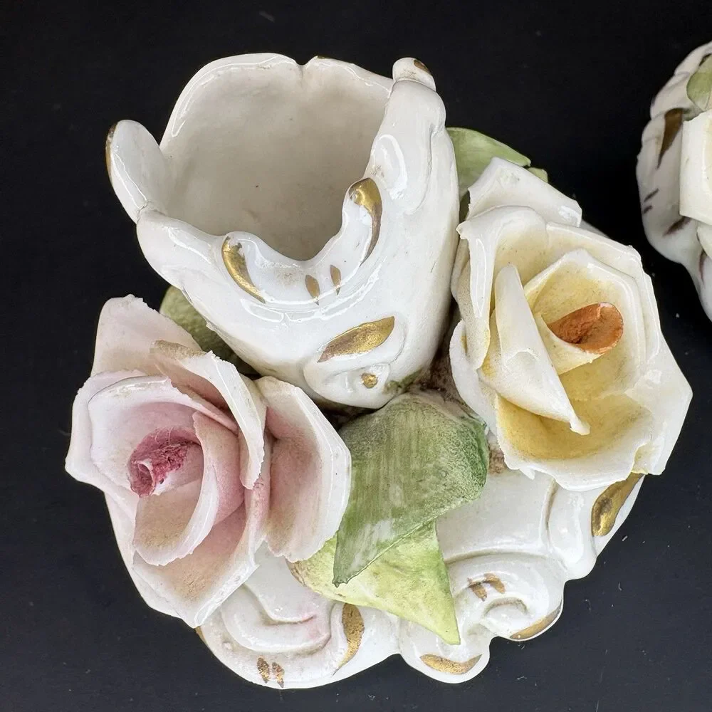 Antique Capodimonte Candle Holders Italian Applied Floral 3